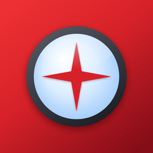 The Kiradex app icon: a pale blue lens with a red four-point star, on red.